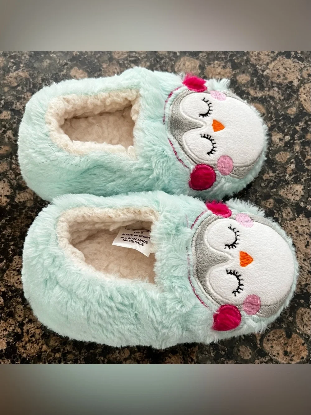 Girls Mint‎ Green Faux Fur Penguin Earmuff Slippers House Shoes Size 8